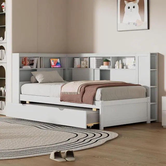 Alt view image 2 of 7 - Twin Size Wood Daybed with Storage Shelves, USB Port, and Trundle - Versatile Bed Frame for Bedroom, Living Room, and Guest Room