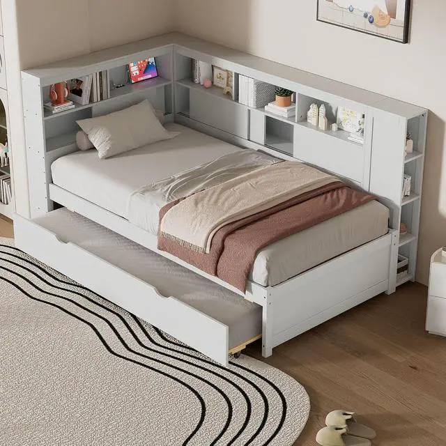 Alt view image 4 of 7 - Twin Size Wood Daybed with Storage Shelves, USB Port, and Trundle - Versatile Bed Frame for Bedroom, Living Room, and Guest Room