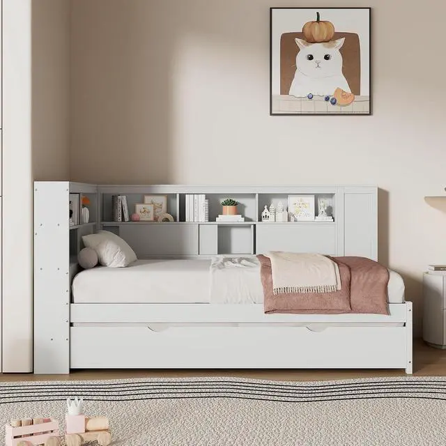 Alt view image 5 of 7 - Twin Size Wood Daybed with Storage Shelves, USB Port, and Trundle - Versatile Bed Frame for Bedroom, Living Room, and Guest Room