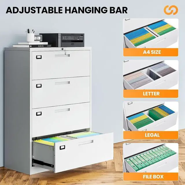 Alt view image 5 of 7 - 4 Drawer File Cabinets for Home Office, Metal Filing Cabinet with Lock, White Locking File Caninet Four Drawer, Office Storage Caninets Steel Cabnet for Letter/Legal/A4/F4-Assembly Required