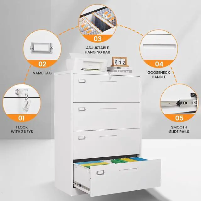 Alt view image 6 of 7 - 4 Drawer File Cabinets for Home Office, Metal Filing Cabinet with Lock, White Locking File Caninet Four Drawer, Office Storage Caninets Steel Cabnet for Letter/Legal/A4/F4-Assembly Required
