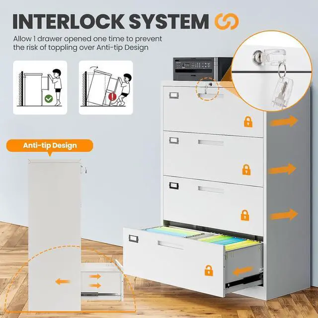 Alt view image 4 of 7 - 4 Drawer File Cabinets for Home Office, Metal Filing Cabinet with Lock, White Locking File Caninet Four Drawer, Office Storage Caninets Steel Cabnet for Letter/Legal/A4/F4-Assembly Required