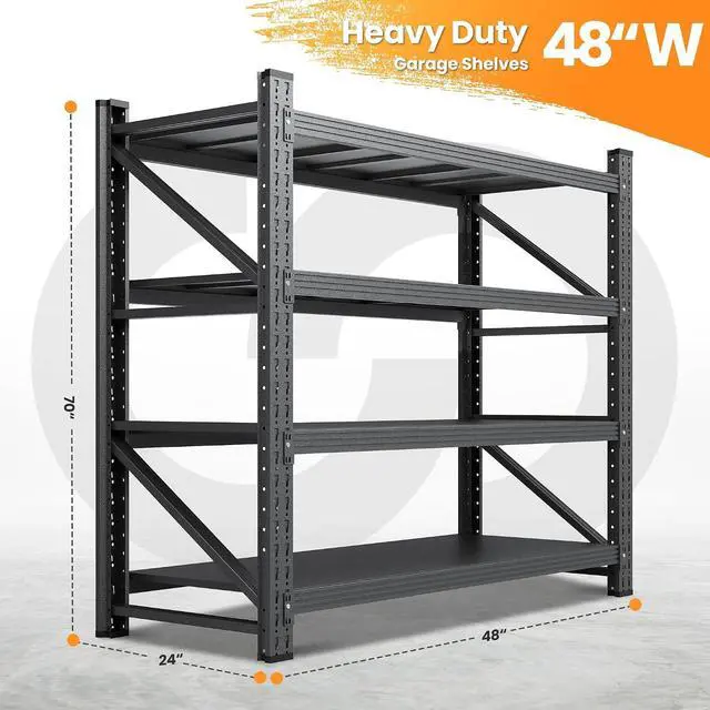 Alt view image 2 of 7 - 48" W Metal Storage Shelves Heavy Duty, 3000LBS Garage Shelving Units, 4 Tier Tall Metal Shelving, 24" Deep Steel Shelf Rack , Adjustable Utility Standing Shelf for Warehouse/Shop 48"W x 24"D x 70"H