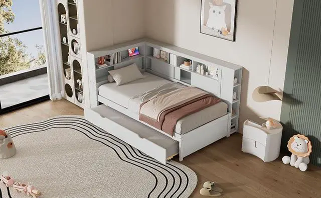 Alt view image 6 of 7 - Twin Size Wood Daybed with Storage Shelves, USB Port, and Trundle - Versatile Bed Frame for Bedroom, Living Room, and Guest Room