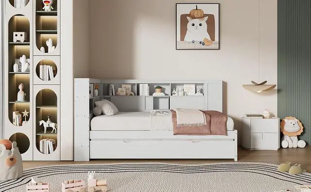 Alt view image 7 of 7 - Twin Size Wood Daybed with Storage Shelves, USB Port, and Trundle - Versatile Bed Frame for Bedroom, Living Room, and Guest Room