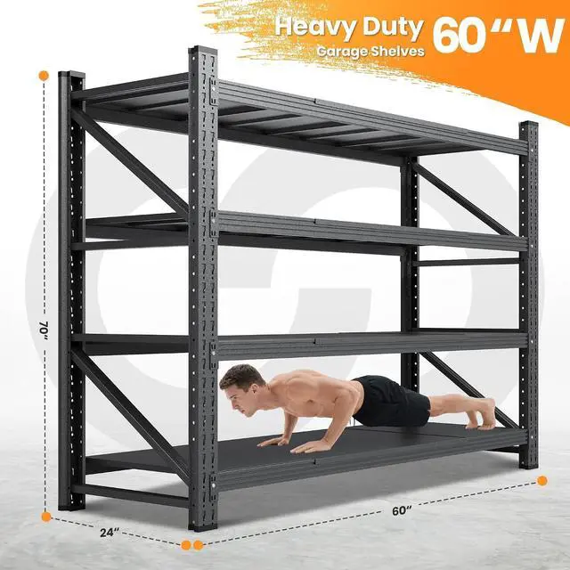 Alt view image 2 of 7 - 60" W Metal Shelving Heavy Duty, 24" Deep Large Storage Shelves, 4 Tier Tall Steel Industrial Shelving, 5000 LBS Adjustable Standing Shelf for Warehouse/Shop 60" W x 24" D x 70" H