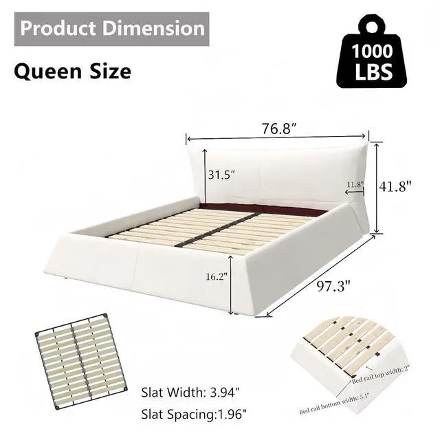 Alt view image 2 of 7 - Queen Size Velvet Upholstered Cloud Bed, Oversized Platform Bed with Oversized Headboard, Floor Luxury Bed Frame Queen with Metal & Solid Wood Frame, Noise-Free, Cream