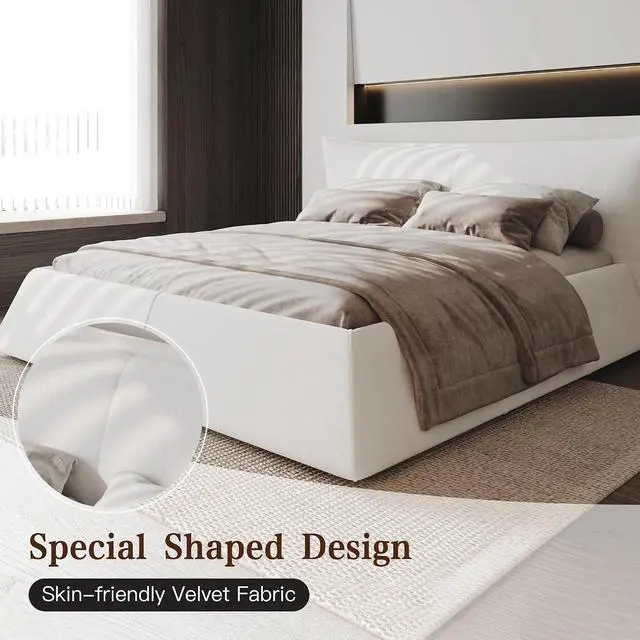 Alt view image 4 of 7 - Queen Size Velvet Upholstered Cloud Bed, Oversized Platform Bed with Oversized Headboard, Floor Luxury Bed Frame Queen with Metal & Solid Wood Frame, Noise-Free, Cream