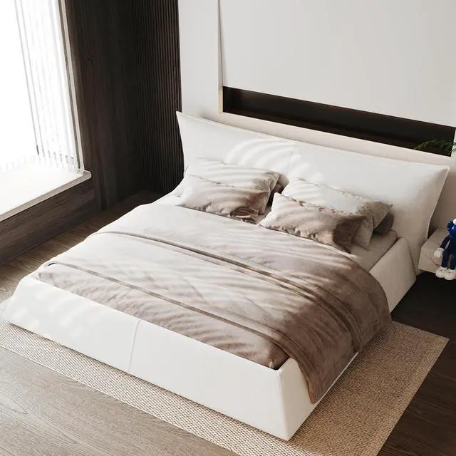 Alt view image 3 of 7 - Queen Size Velvet Upholstered Cloud Bed, Oversized Platform Bed with Oversized Headboard, Floor Luxury Bed Frame Queen with Metal & Solid Wood Frame, Noise-Free, Cream