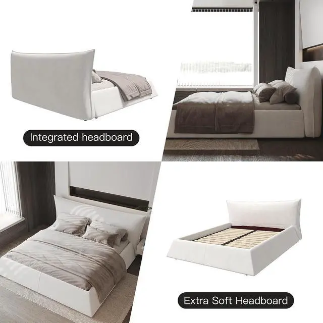 Alt view image 5 of 7 - Queen Size Velvet Upholstered Cloud Bed, Oversized Platform Bed with Oversized Headboard, Floor Luxury Bed Frame Queen with Metal & Solid Wood Frame, Noise-Free, Cream