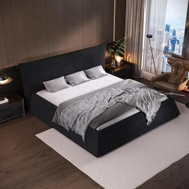 Alt view image 3 of 7 - Queen Size Velvet Upholstered Cloud Bed, Oversized Platform Bed with Oversized Headboard, Floor Luxury Bed Frame Queen with Metal & Solid Wood Frame, Noise-Free, Cream