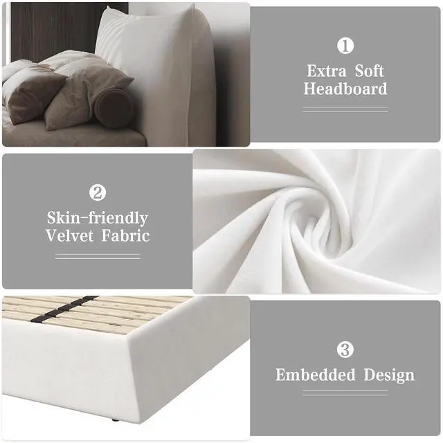Alt view image 7 of 7 - Queen Size Velvet Upholstered Cloud Bed, Oversized Platform Bed with Oversized Headboard, Floor Luxury Bed Frame Queen with Metal & Solid Wood Frame, Noise-Free, Cream