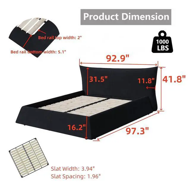 Alt view image 2 of 7 - King Size Velvet Upholstered Cloud Bed, Oversized Platform Bed with Oversized Headboard, Floor Luxury Bed Frame King with Metal & Solid Wood Frame, Noise-Free, Black