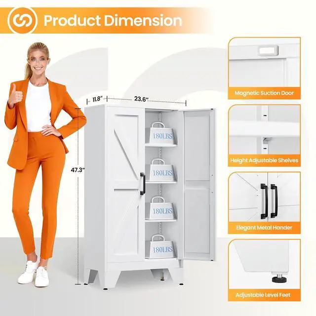 Alt view image 2 of 7 - 47.3" White Storage Cabinet with 2 Doors and 3 Adjustable Shelves, Metal Tall Kitchen Pantry cabinets, Modern Food Pantry Cabinet,4 Tier Freestanding Framed Panel Door Cupboard for Kitchen Dining Room