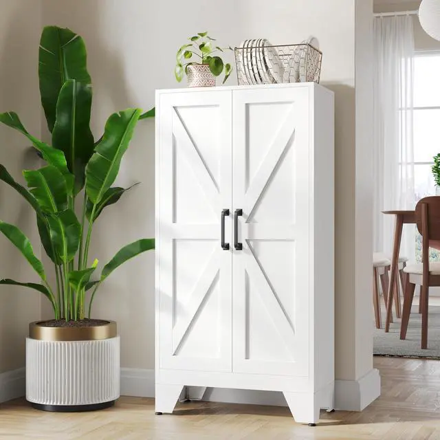Main image of 47.3" White Storage Cabinet with 2 Doors and 3 Adjustable Shelves, Metal Tall Kitchen Pantry cabinets, Modern Food Pantry Cabinet,4 Tier Freestanding Framed Panel Door Cupboard for Kitchen Dining Room