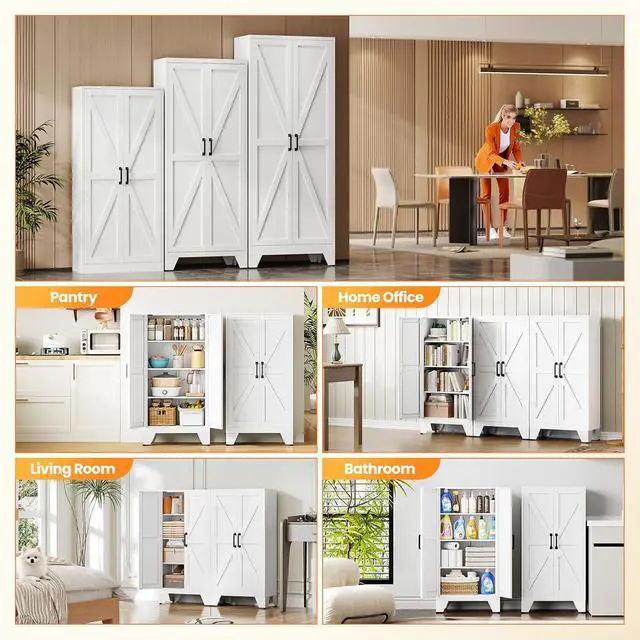 Alt view image 4 of 7 - 47.3" White Storage Cabinet with 2 Doors and 3 Adjustable Shelves, Metal Tall Kitchen Pantry cabinets, Modern Food Pantry Cabinet,4 Tier Freestanding Framed Panel Door Cupboard for Kitchen Dining Room
