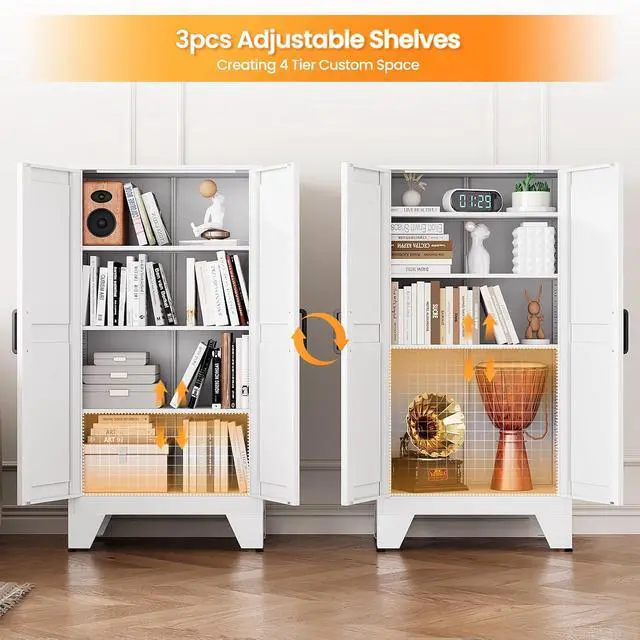 Alt view image 5 of 7 - 47.3" White Storage Cabinet with 2 Doors and 3 Adjustable Shelves, Metal Tall Kitchen Pantry cabinets, Modern Food Pantry Cabinet,4 Tier Freestanding Framed Panel Door Cupboard for Kitchen Dining Room