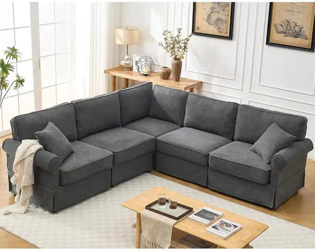 Main image of Modular Sectional Sofa Set, 5-Seat Convertible L-Shaped Couch, Reversible Sectional Sofa, Upholstered Corner Sofa with Rolled Arms, Soft Linen Fabric Comfortable Living Room Sofa