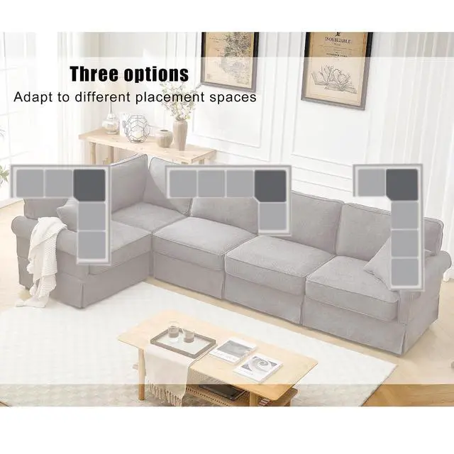 Alt view image 3 of 7 - Modular Sectional Sofa Set, 5-Seat Convertible L-Shaped Couch, Reversible Sectional Sofa, Upholstered Corner Sofa with Rolled Arms, Soft Linen Fabric Comfortable Living Room Sofa