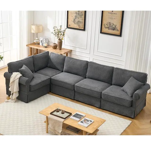 Alt view image 4 of 7 - Modular Sectional Sofa Set, 5-Seat Convertible L-Shaped Couch, Reversible Sectional Sofa, Upholstered Corner Sofa with Rolled Arms, Soft Linen Fabric Comfortable Living Room Sofa