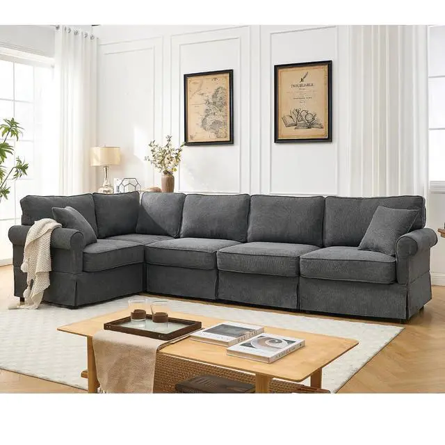 Alt view image 5 of 7 - Modular Sectional Sofa Set, 5-Seat Convertible L-Shaped Couch, Reversible Sectional Sofa, Upholstered Corner Sofa with Rolled Arms, Soft Linen Fabric Comfortable Living Room Sofa