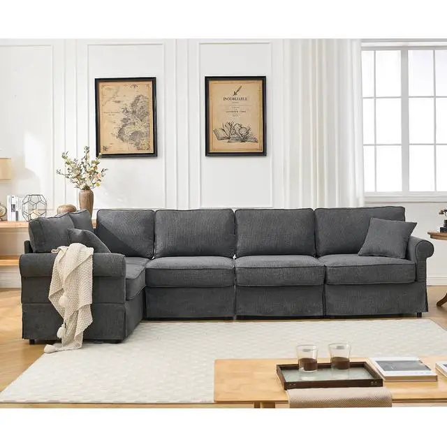Alt view image 6 of 7 - Modular Sectional Sofa Set, 5-Seat Convertible L-Shaped Couch, Reversible Sectional Sofa, Upholstered Corner Sofa with Rolled Arms, Soft Linen Fabric Comfortable Living Room Sofa