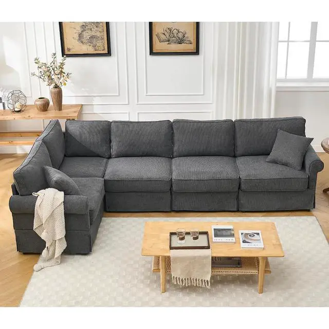 Alt view image 7 of 7 - Modular Sectional Sofa Set, 5-Seat Convertible L-Shaped Couch, Reversible Sectional Sofa, Upholstered Corner Sofa with Rolled Arms, Soft Linen Fabric Comfortable Living Room Sofa