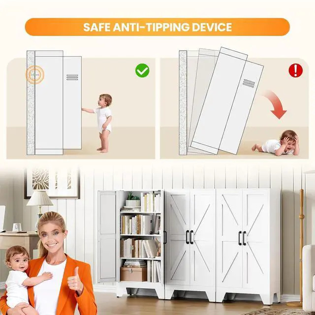 Alt view image 7 of 7 - 47.3" White Storage Cabinet with 2 Doors and 3 Adjustable Shelves, Metal Tall Kitchen Pantry cabinets, Modern Food Pantry Cabinet,4 Tier Freestanding Framed Panel Door Cupboard for Kitchen Dining Room