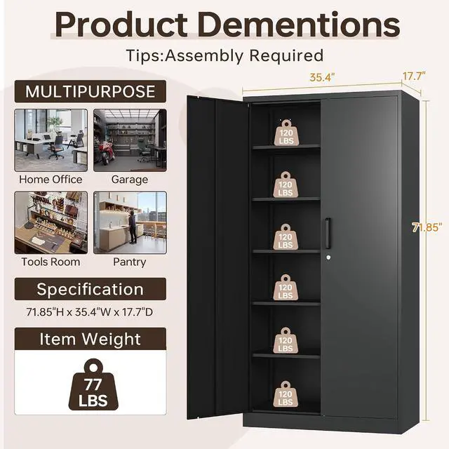 Alt view image 3 of 7 - 72"H Metal Storage Cabinets, Tall Locking Garage Cabinet with 2 Doors and 5 Adjustable Shelves, Steel Utility Tool Caninet, Black Lockable Outdoor Storage Cabnet for Pantry, Garage, Home Office