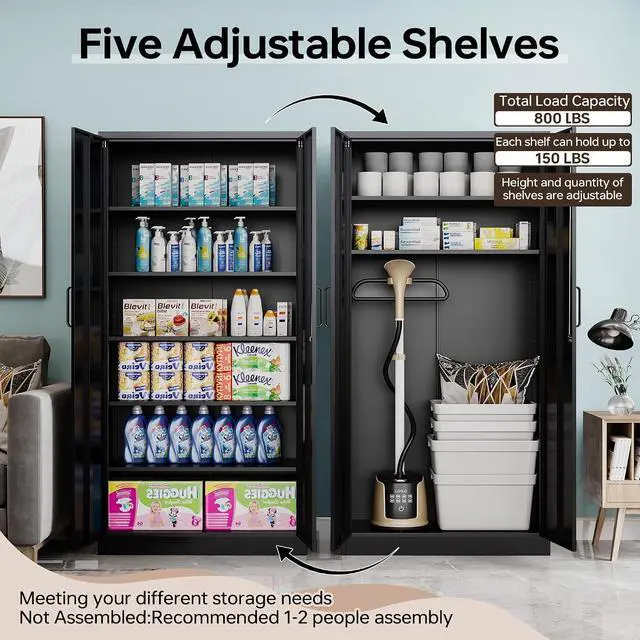 Alt view image 4 of 7 - 72"H Metal Storage Cabinets, Tall Locking Garage Cabinet with 2 Doors and 5 Adjustable Shelves, Steel Utility Tool Caninet, Black Lockable Outdoor Storage Cabnet for Pantry, Garage, Home Office