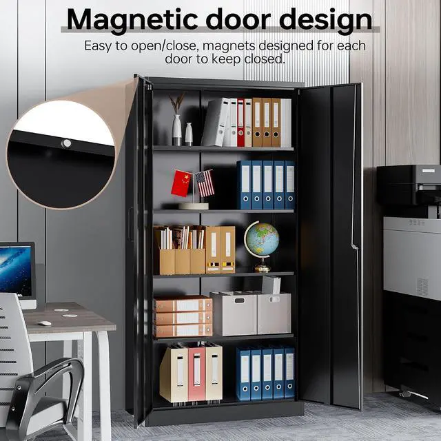 Alt view image 6 of 7 - 72"H Metal Storage Cabinets, Tall Locking Garage Cabinet with 2 Doors and 5 Adjustable Shelves, Steel Utility Tool Caninet, Black Lockable Outdoor Storage Cabnet for Pantry, Garage, Home Office