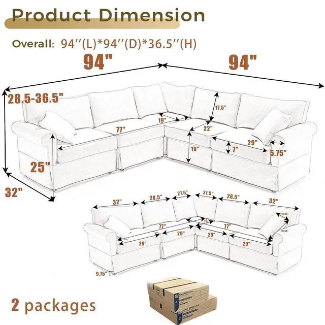 Alt view image 2 of 7 - Modular Sectional Sofa Set, 5-Seat Convertible L-Shaped Couch, Reversible Sectional Sofa, Upholstered Corner Sofa with Rolled Arms, Soft Linen Fabric Comfortable Living Room Sofa