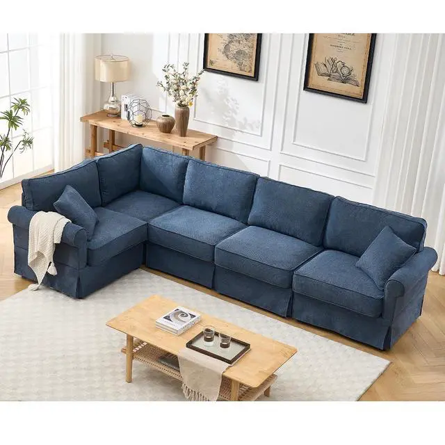 Alt view image 4 of 7 - Modular Sectional Sofa Set, 5-Seat Convertible L-Shaped Couch, Reversible Sectional Sofa, Upholstered Corner Sofa with Rolled Arms, Soft Linen Fabric Comfortable Living Room Sofa