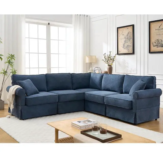 Alt view image 6 of 7 - Modular Sectional Sofa Set, 5-Seat Convertible L-Shaped Couch, Reversible Sectional Sofa, Upholstered Corner Sofa with Rolled Arms, Soft Linen Fabric Comfortable Living Room Sofa