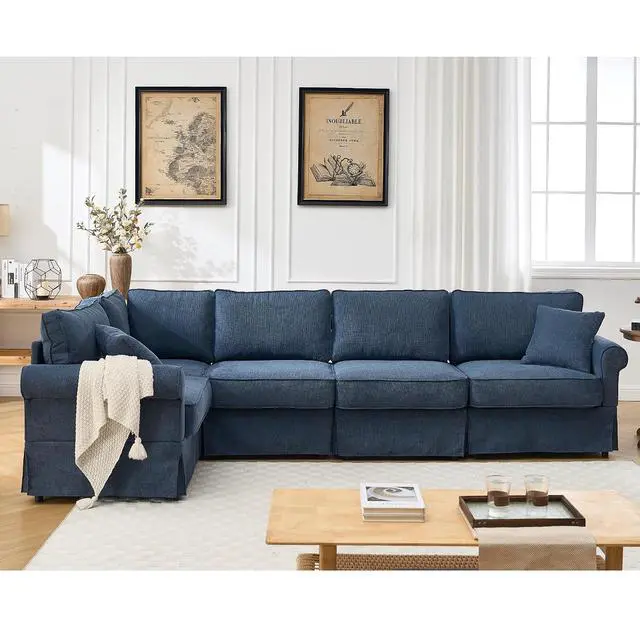 Alt view image 7 of 7 - Modular Sectional Sofa Set, 5-Seat Convertible L-Shaped Couch, Reversible Sectional Sofa, Upholstered Corner Sofa with Rolled Arms, Soft Linen Fabric Comfortable Living Room Sofa