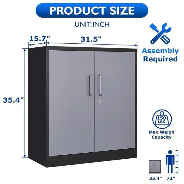 Alt view image 3 of 7 - Metal Storage Cabinets with Locking Doors & 2 Adjustable Shelves, Lockable Steel Office Cabinets, Counter Caninet Small Locking Cabnet Locked Tool Cabnets for Home, Office, Garage, Hallway
