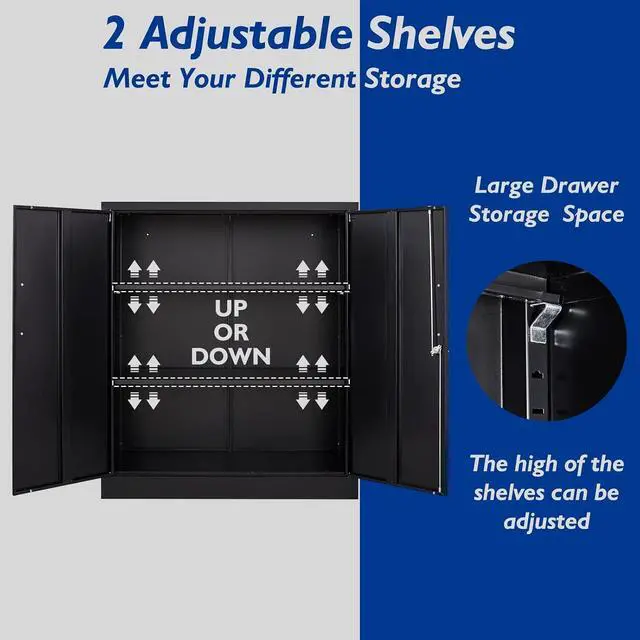 Alt view image 4 of 7 - 36" H Metal Garage Cabinet, 2 Doors Storage Cabinets, Steel Utility Tool Caninet, Short Locking Caninets with Adjustable Shelves, Black Lockable File Cabnet Cupboard for Home/Office/School/Shop