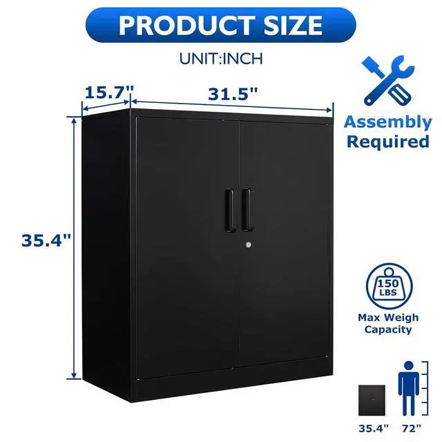 Alt view image 3 of 7 - 36" H Metal Garage Cabinet, 2 Doors Storage Cabinets, Steel Utility Tool Caninet, Short Locking Caninets with Adjustable Shelves, Black Lockable File Cabnet Cupboard for Home/Office/School/Shop
