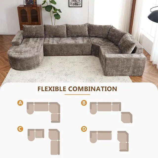 Alt view image 4 of 7 - Oversized Modular Sofa Set, Cloud Sectional Sofa with Deep Seats, U-Shaped Upholstered Couches for Living Room Couch, Sectional Sofa, Brown, Easy to Rearrange(141.7")