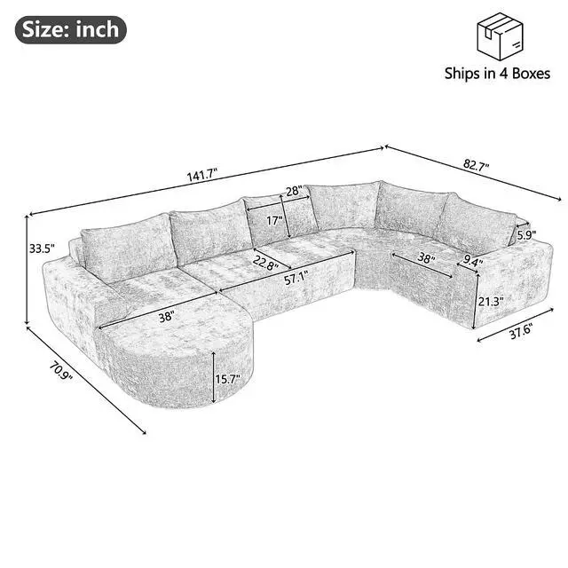 Alt view image 2 of 7 - Oversized Modular Sofa Set, Cloud Sectional Sofa with Deep Seats, U-Shaped Upholstered Couches for Living Room Couch, Sectional Sofa, Brown, Easy to Rearrange(141.7")