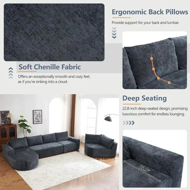 Alt view image 6 of 7 - Oversized Modular Sofa Set, Cloud Sectional Sofa with Deep Seats, U-Shaped Upholstered Couches for Living Room Couch, Sectional Sofa, Brown, Easy to Rearrange(141.7")