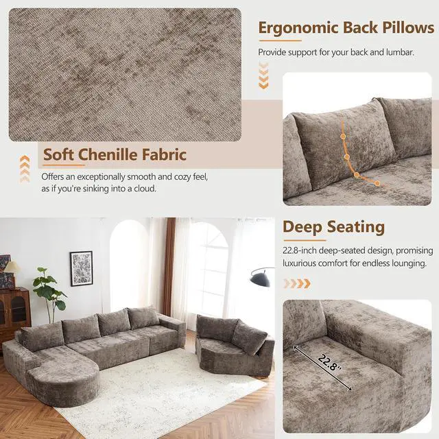 Alt view image 6 of 7 - Oversized Modular Sofa Set, Cloud Sectional Sofa with Deep Seats, U-Shaped Upholstered Couches for Living Room Couch, Sectional Sofa, Brown, Easy to Rearrange(141.7")