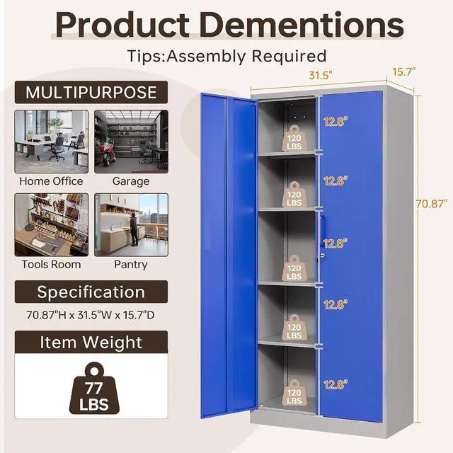 Alt view image 3 of 7 - Metal Storage Cabinet with Lock, 71" Black Garage Cabinets with 2 Doors and 4 Adjustable Shelves, Steel Locking Caninet Tall Tool Storage Cabnet, Lockable File Caninets for Home Office, Pantry
