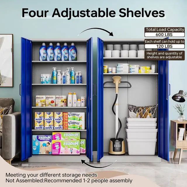 Alt view image 4 of 7 - Metal Storage Cabinet with Lock, 71" Black Garage Cabinets with 2 Doors and 4 Adjustable Shelves, Steel Locking Caninet Tall Tool Storage Cabnet, Lockable File Caninets for Home Office, Pantry