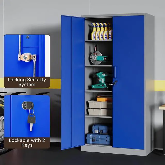 Alt view image 6 of 7 - Metal Storage Cabinet with Lock, 71" Black Garage Cabinets with 2 Doors and 4 Adjustable Shelves, Steel Locking Caninet Tall Tool Storage Cabnet, Lockable File Caninets for Home Office, Pantry