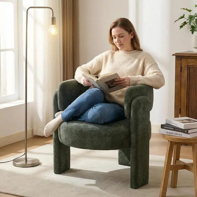 Alt view image 3 of 7 - Accent Chair with Round Seat, Full Boucle Upholstered Comfy Single Armchair with Upholstered, Modern Living Room Leisure Single Sofa Chair for Bedroom Waiting Room Apartment Office, Antique Green