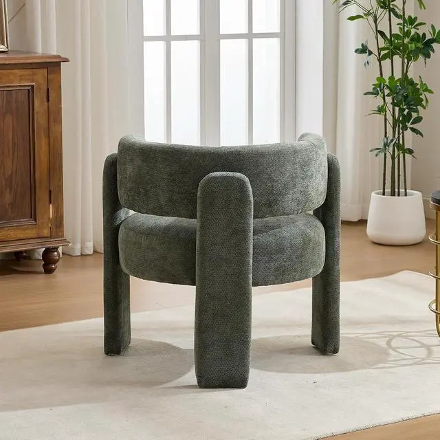 Alt view image 6 of 7 - Accent Chair with Round Seat, Full Boucle Upholstered Comfy Single Armchair with Upholstered, Modern Living Room Leisure Single Sofa Chair for Bedroom Waiting Room Apartment Office, Antique Green