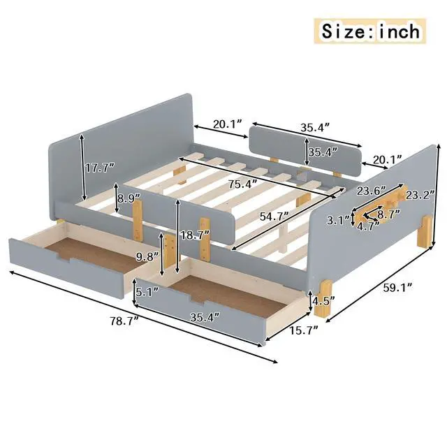 Alt view image 2 of 7 - Full Wood Platform Bed with Storage Drawers, Solid Wooden Bedframe with Guardrail, Modern Girl Boys Bed with Small Shelf and Hanging Hooks for Living Room, Bedroom, Guest Room, Dorm, Gray
