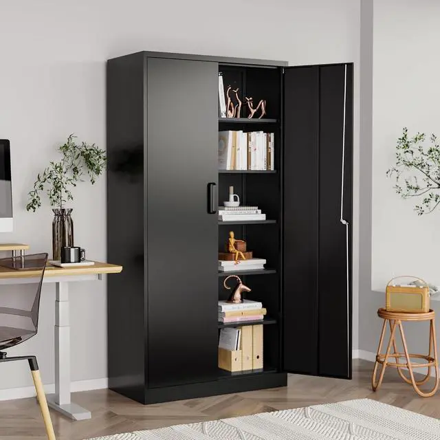 Alt view image 2 of 7 - Metal Garage Storage Cabinet, 71" Tall Storage Cabinets with 2 Doors and 5 Adjustable Shelves, Steel Utility Tool Caninet, Black Locking Caninets, Lockable File Cabnet for Home/Office/School