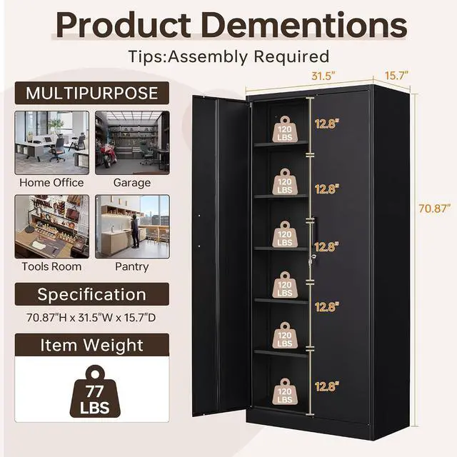 Alt view image 3 of 7 - Metal Garage Storage Cabinet, 71" Tall Storage Cabinets with 2 Doors and 5 Adjustable Shelves, Steel Utility Tool Caninet, Black Locking Caninets, Lockable File Cabnet for Home/Office/School